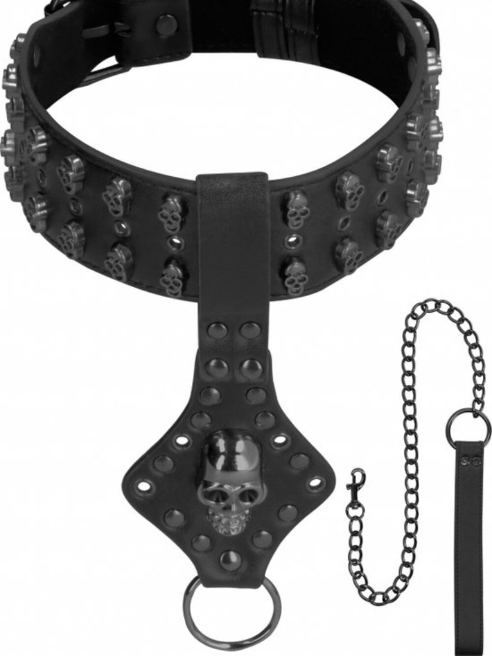 Black “Skulls and Bones” necklace with skulls and leash.